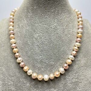 Bridal Tri Color Freshwater Pearl Beaded Silk Double Knotted Necklace Silver